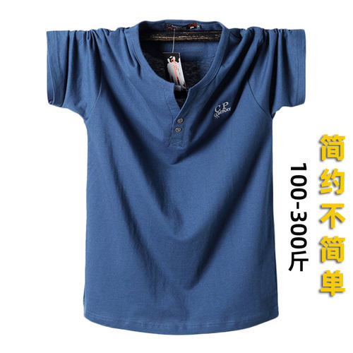 纽扣V领短袖t恤男加肥加大棉质美式亨利领半袖胖子薄款夏肥佬汗衫 - 图0