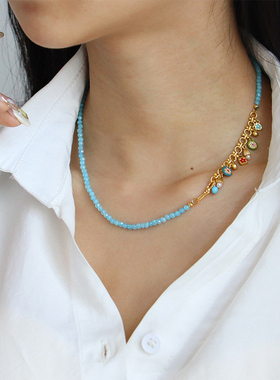 复古轻奢蓝色天然石夏季串珠项链女百搭高级感精致简约小众锁骨链