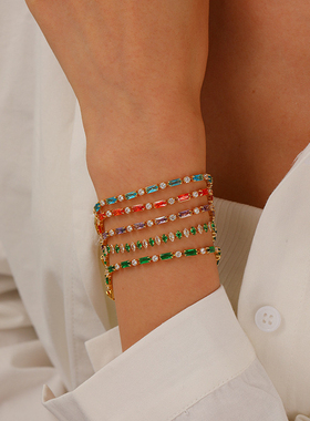 欧美设计轻奢方形彩色锆石手链高级感多巴胺简约小众手表扣手饰女