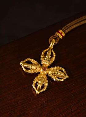 十字金刚杵沙金吊坠女琳琅法彩镶红宝石编绳项链毛衣链真黄金色