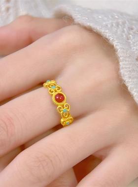 珠宝镂空花丝真黄金戒指宫廷风珐琅戒指活口可调节指环