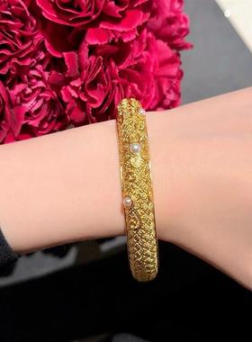 珍珠团花锦绣沙金手镯女真黄金花朵婚嫁金店同款结婚三金首饰