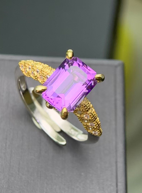 意大利S925精工双层度金紫水晶方形戒指，女士活口设计8*10mm尺寸