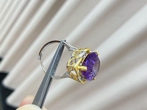 意大利精工乌拉圭紫水晶戒指S925银镀金女士活口戒指不掉色颜色好 - 图1