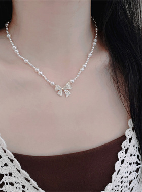 法式麻花双层叠戴珍珠吊坠项链小众高级感蝴蝶结锁骨链小众颈链女