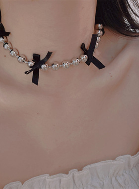 黑色蝴蝶结银色亮面仿珍珠串珠辣妹百搭小众设计女颈链手链