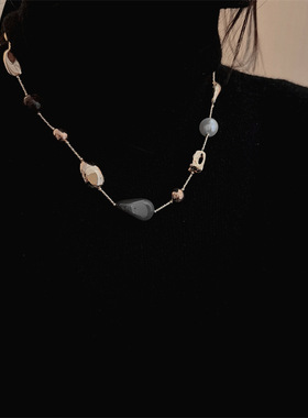 法式复古金色不规则虎眼石珍珠项链时尚小众高级感百搭毛衣链颈链