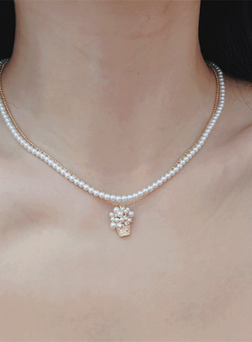 春夏爆米花锆石吊坠珍珠链叠戴轻奢高级感锁骨链颈链饰品气质