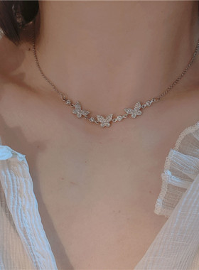 ins风小众设计感蝴蝶效应百搭蝴蝶玫瑰花叠戴颈链锁骨链女