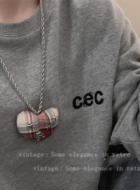 甜酷个性红色格子布艺爱心吊坠项链辣妹y2k时尚个性长款卫衣链