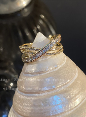 轻奢超闪锆石交叉开口戒指指环气质ins网红设计感潮