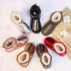 儿童雪地靴皮毛一体加绒加厚平底牛皮漆面羊毛女男棉靴短X-VU