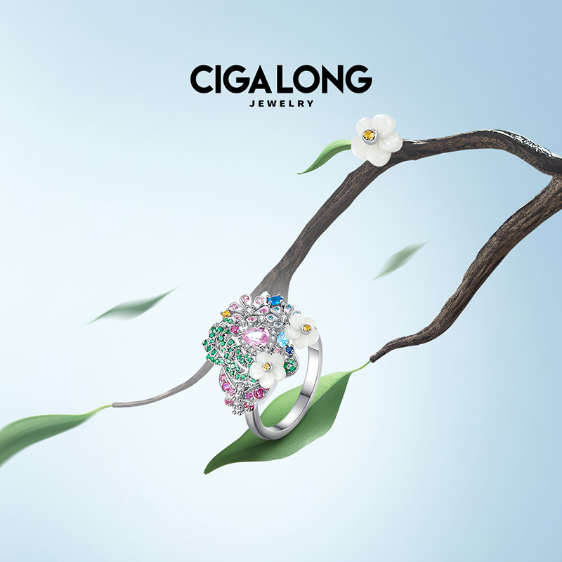 CIGALONG粉蓝宝戒指2s925银七月玉簪花神龙梓嘉原创设计新款珠宝-图0