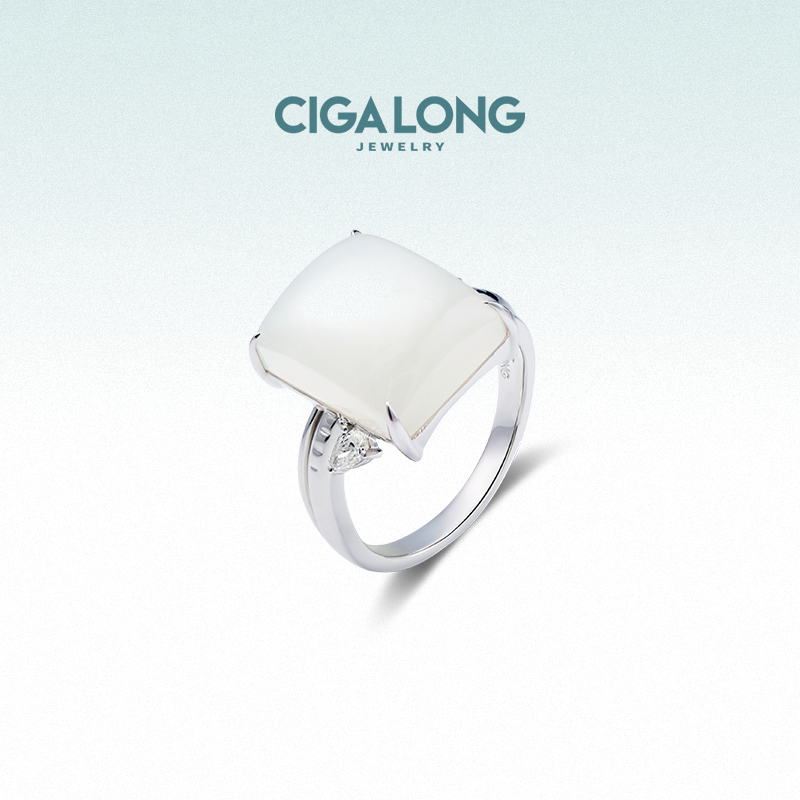 CIGALONG龙梓嘉素锦和田玉戒指原创新品铂金手饰新中式珠宝 - 图0