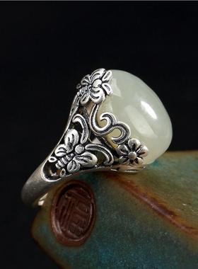 银和田玉镶嵌蝴蝶花戒指复古天然白玉开口指环女款纯银戒指