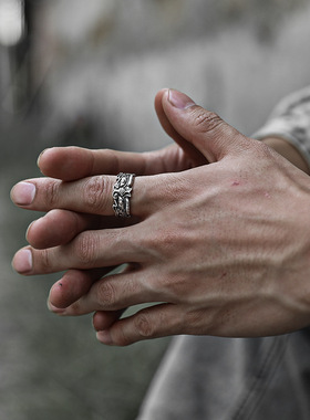 扳指男款大拇指四大凶兽饕餮神兽戒指男霸气复古纯银纳福护身指环