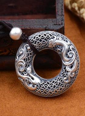 龙凤呈祥六字真言女纯银古法银平安扣毛衣长项链长款男女绳