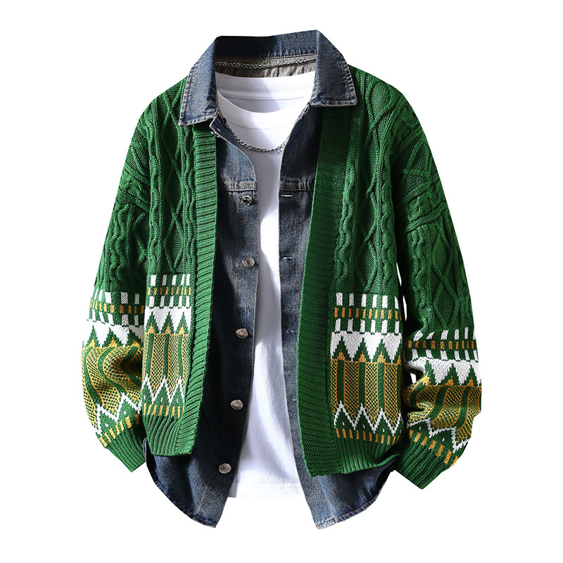 唐狮集团Desso针织衫外套男生春秋季设计感宽松夹克牛仔拼接毛衣,淘宝优惠券,粉丝福利购,淘宝优惠卷