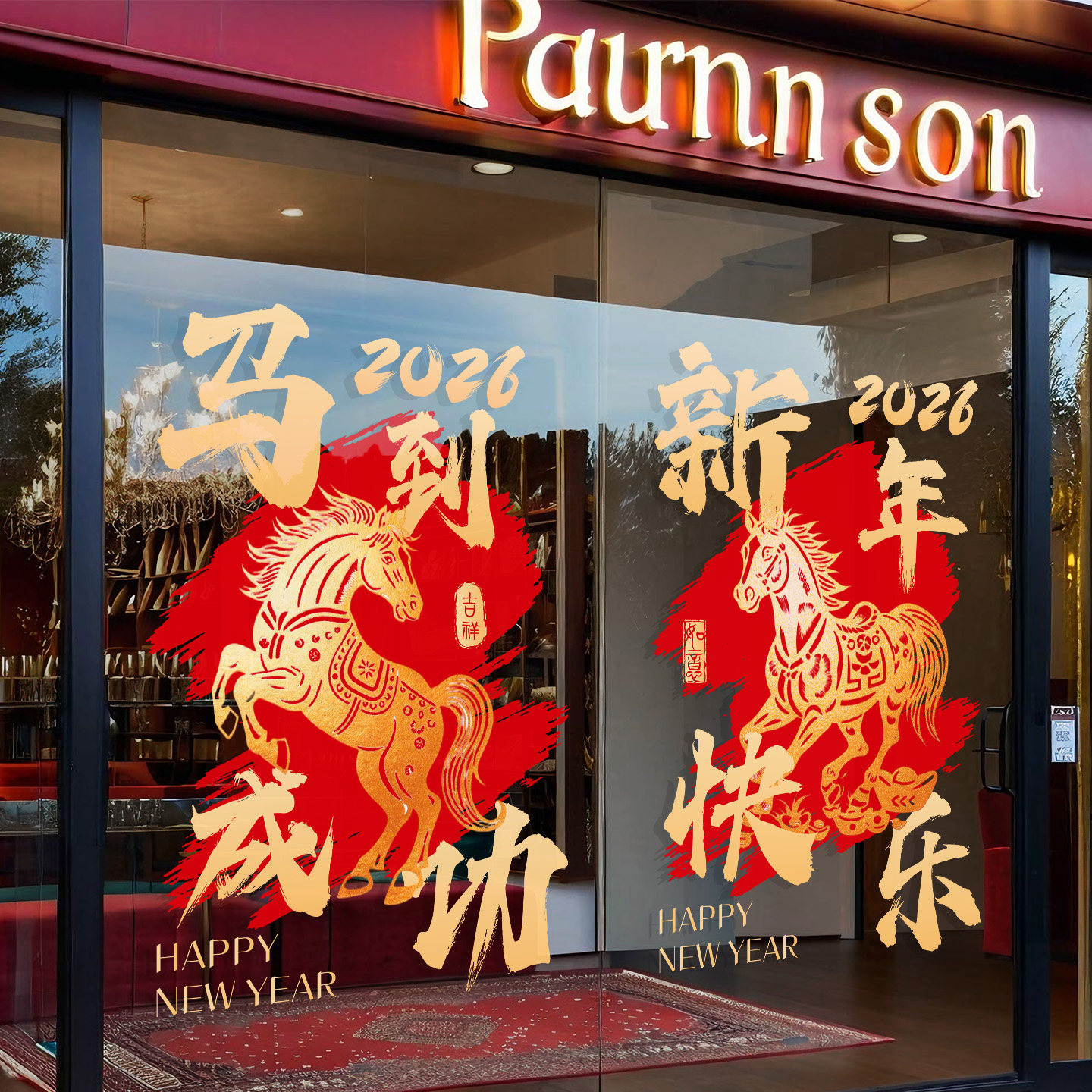 新年快乐氛围布置装饰玻璃贴纸过马年门贴店铺橱窗静电贴窗花墙贴,淘宝优惠券,粉丝福利购,淘宝优惠卷