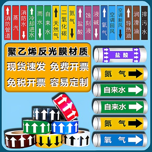 定制管道标识贴纸工业化工消防管道名称介质流向箭头标签贴国标反光膜自来水进压缩空气蒸气管路色环警示胶带 - 图0