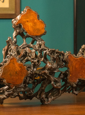 清代黄杨木透雕树根形三连座摆件