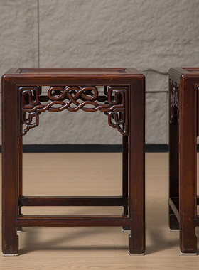 清代红木透雕绳纹方凳（一对）