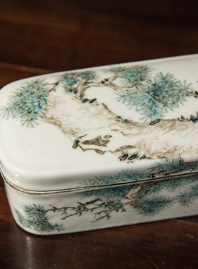 清代浅绛彩花鸟纹墨盒老物件收藏品文玩古董真品文房用品墨盒摆件