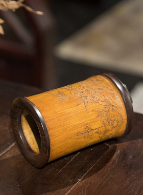 清代竹雕梅兰竹菊笔筒（红木口底）文玩古董收藏竹制艺术品摆件