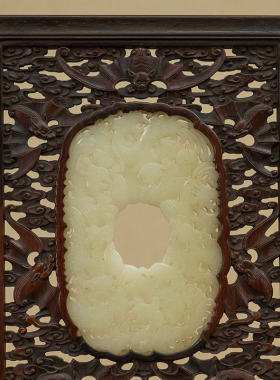 清代红木透雕福云纹边座嵌玉雕螭龙纹插屏（一对）屏风座屏摆件