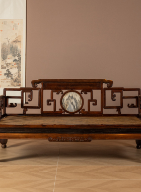 红木镶云石攒接拐子纹罗汉床