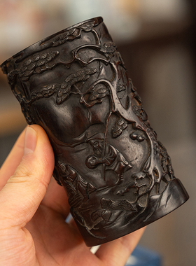 小叶紫檀木雕渔樵耕读笔筒