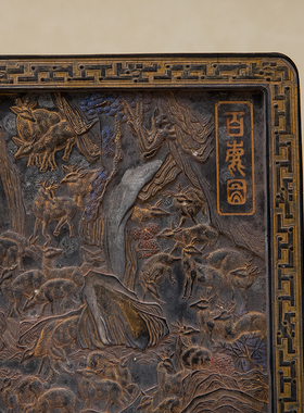 清代徽墨描金百鹿图插屏摆件