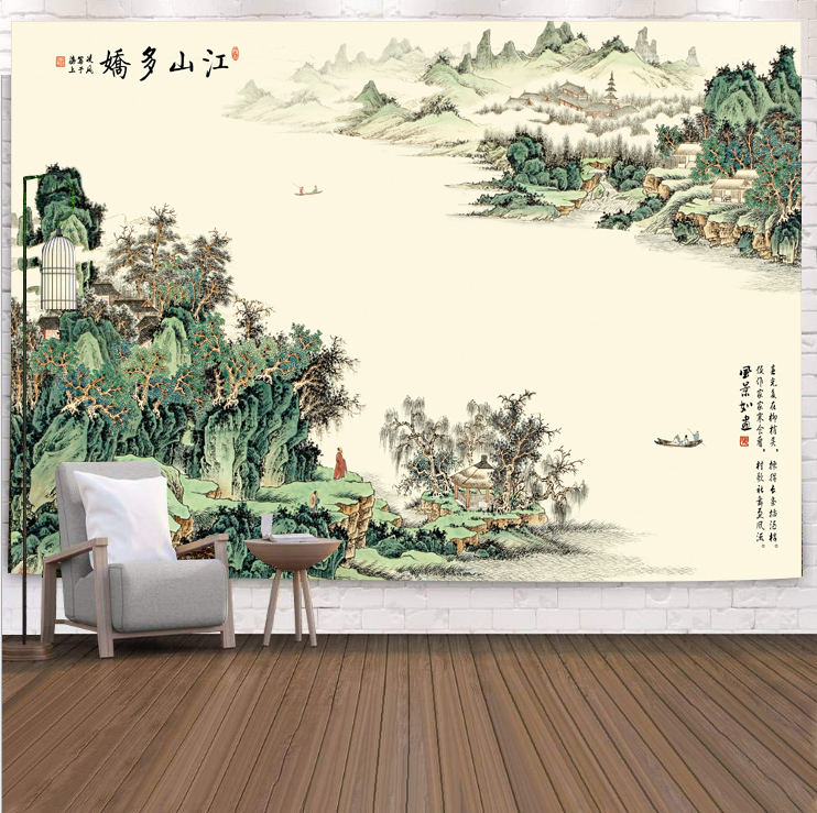 千里江山图背景布挂布卧室床头墙布客厅画布宿舍墙壁遮挡挂毯国画 - 图1