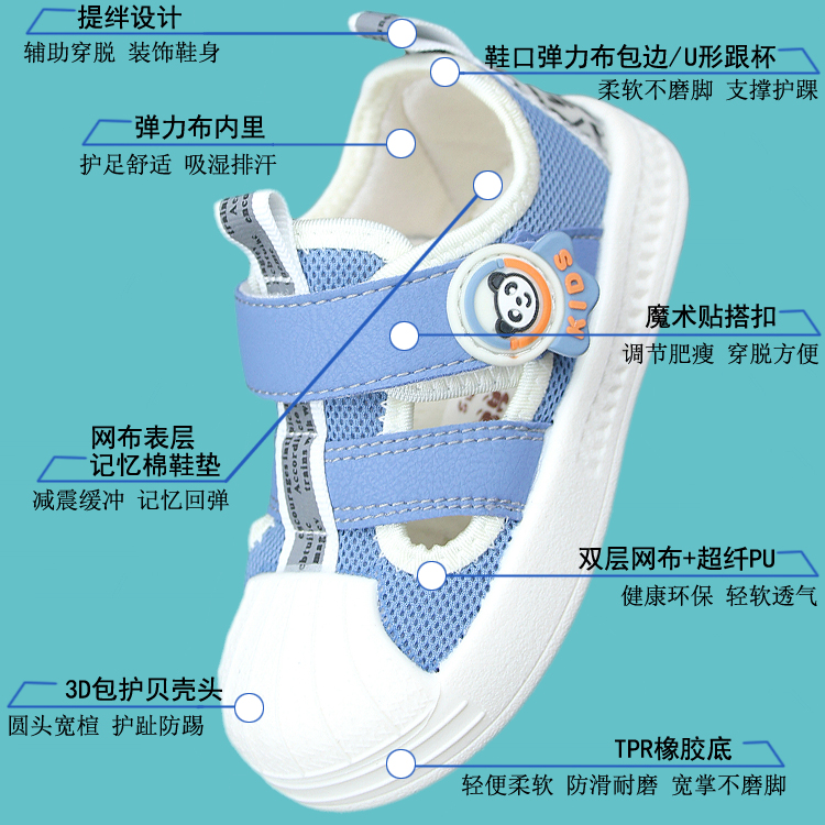 男宝宝夏季镂空软底框子鞋1到3岁防踢贝壳头板鞋男幼童学步网凉鞋 - 图1