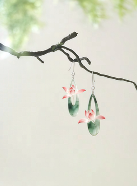不对称粉绿花朵耳环原创设计国风长水滴形显瘦耳环方圆脸汉服耳饰