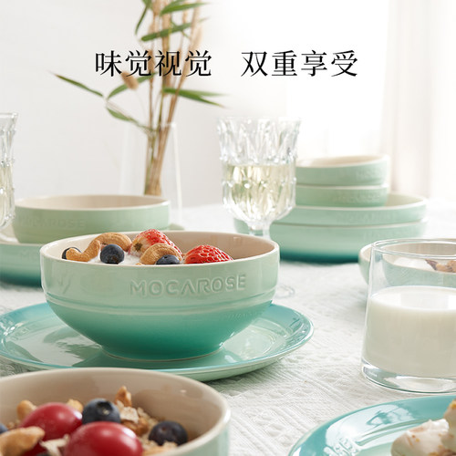 摩卡色孔雀青炻瓷碗碟套装家用法式意面麦片饭碗盘子餐具轻奢送礼 - 图2