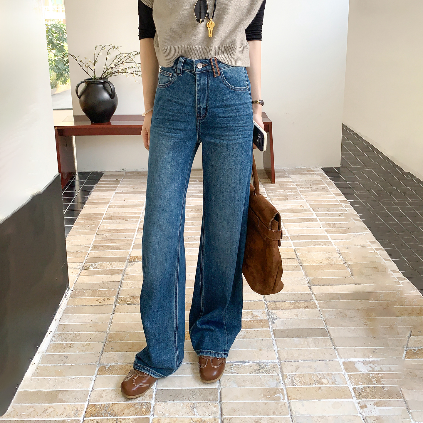 CKLY66692斯卡洛依直筒牛仔裤女秋复古窄版阔腿裤四面弹力长裤子