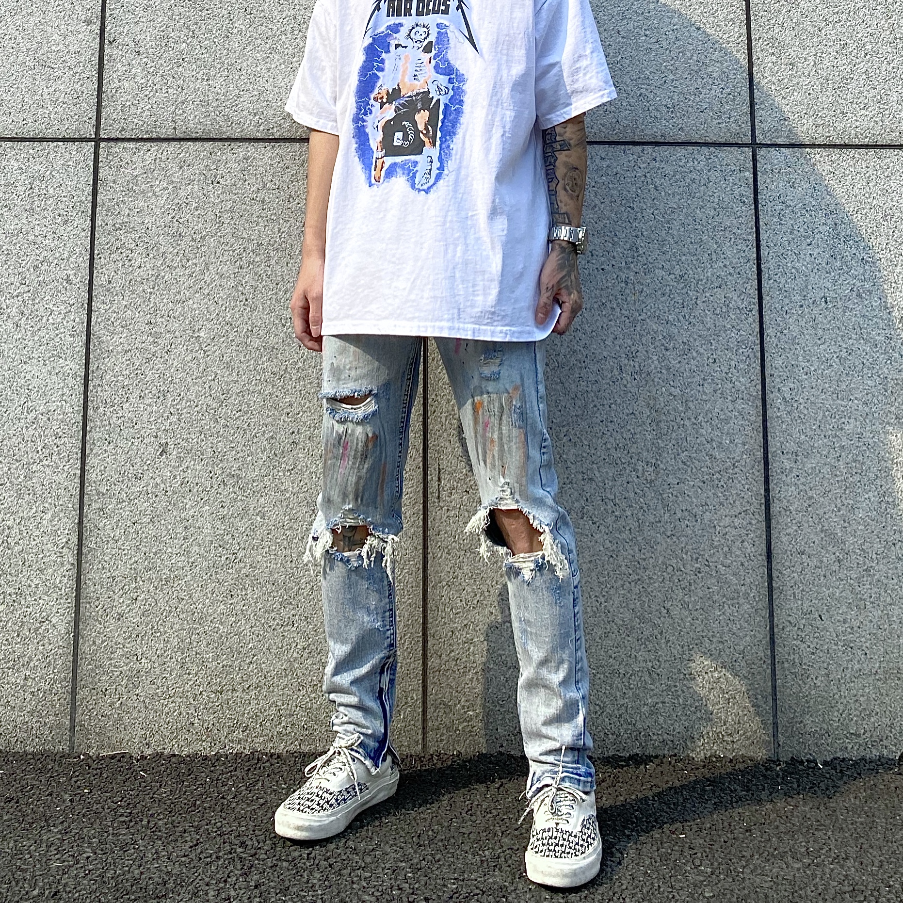 A chockA chock高街泼墨油漆渲染破洞牛仔裤INS红人同款裤脚拉链小脚裤男2