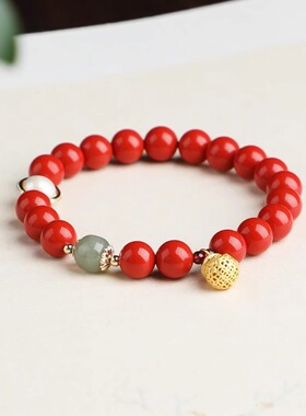 朱砂蜜蜡和田玉貔貅聚财手链纯银
