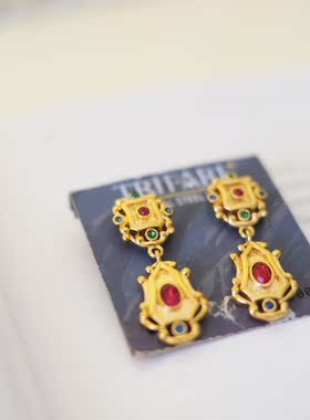 艺伎的胭脂 vintage trifari 翠法丽 金色 彩宝 耳针耳环666
