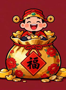 卡通福袋财神爷高清墙面贴画玄关房间出租屋防水装饰贴纸自带背胶