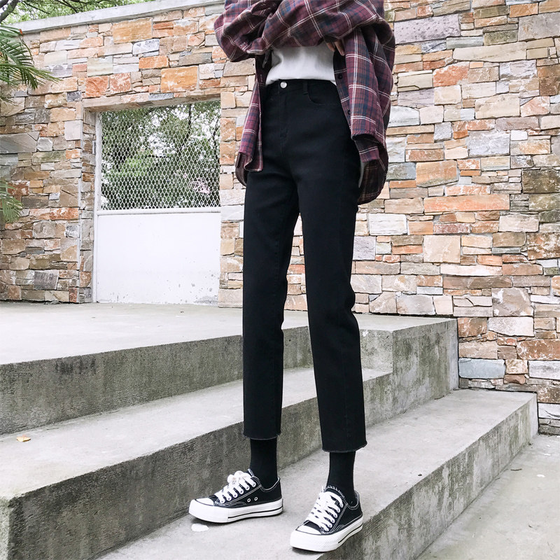 黑色高腰春秋新款韩版学生潮牛仔裤 衣然好牛仔裤