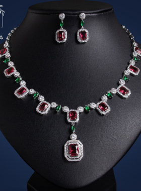 方钻锆石新娘项链两件套锁骨链