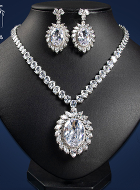 复古中式镶钻大蛋面耳环项链首饰