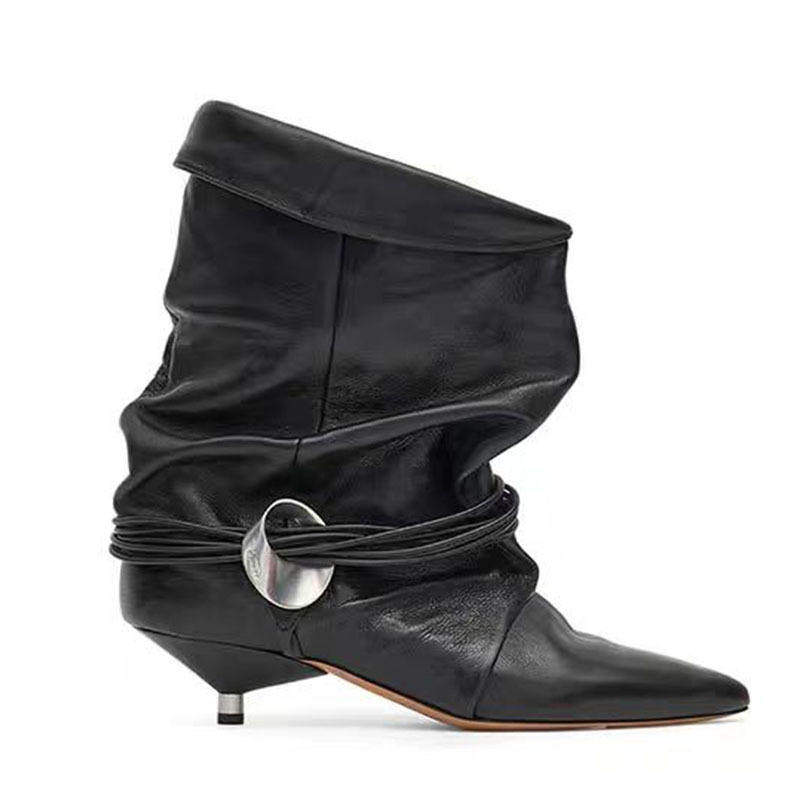 新款2025外贸磨砂反绒尖头细跟低跟绑带金属扣猫跟西部靴短靴女鞋,淘宝优惠券,粉丝福利购,淘宝优惠卷