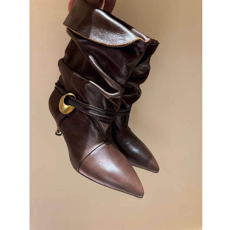 新款2025外贸磨砂反绒尖头细跟低跟绑带金属扣猫跟西部靴短靴女鞋,淘宝优惠券,粉丝福利购,淘宝优惠卷