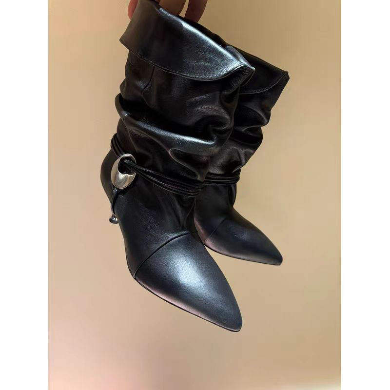 新款2025外贸磨砂反绒尖头细跟低跟绑带金属扣猫跟西部靴短靴女鞋,淘宝优惠券,粉丝福利购,淘宝优惠卷