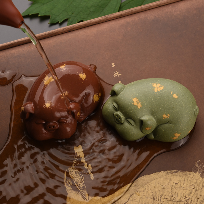 紫砂茶宠摆件金蟾盖置茶玩茶艺小猪精品可养手工招财福猪创意茶道
