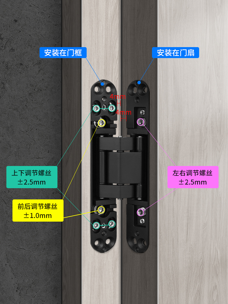 KOB隐形门合页三维可调暗门铰链暗藏式十字内外开木门隐藏门合叶-图1