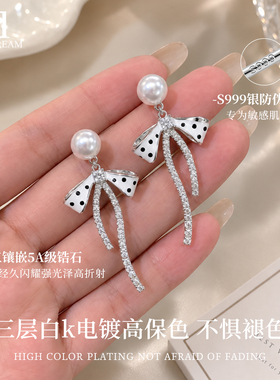 999纯银针波点蝴蝶结耳环高级感